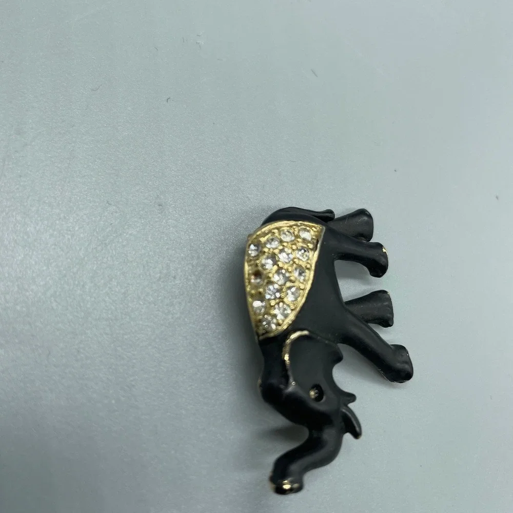 Vintage MEESCO Black Enamel Elephant Brooch Gold Tone Rhinestone Pin missing eye
